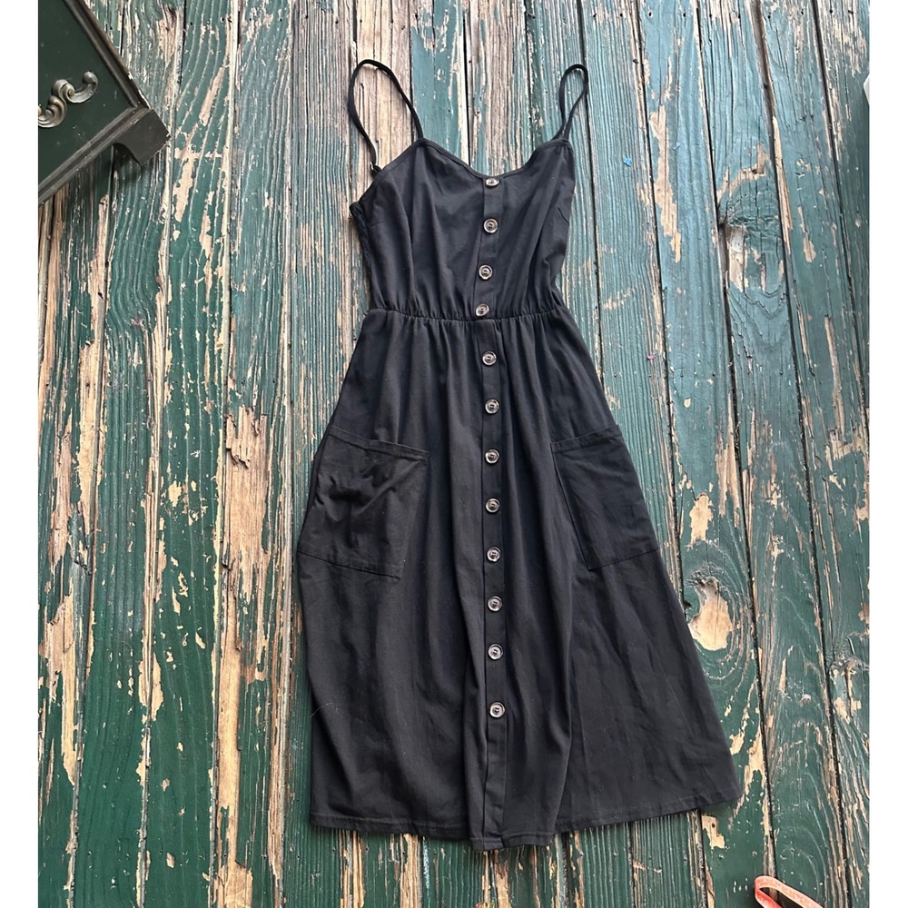 Alife Black Button Down Midi Dress Small Spaghetti Strap Smocked Back Pockets